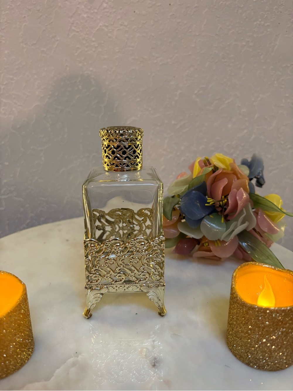 Vintage Filigree Gold Tint Glass Lotion Bottle